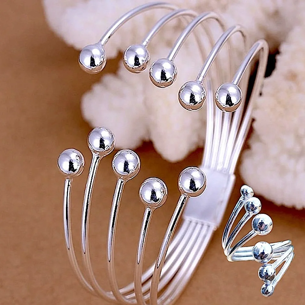 Sterling Silver Beaded Ball Bracelet Cuff Bangle Matching Ring Set
